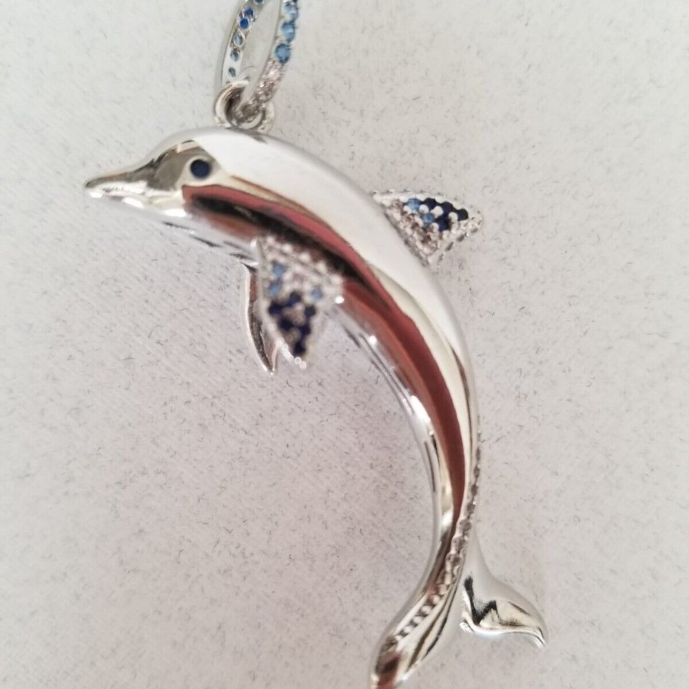 Solid 925 Sterling Silver Dolphin Pendant Cubic Zirconia Stones 8.53 Grams